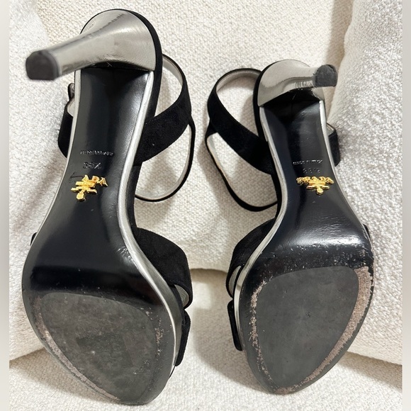 Prada Black Calzature Donna Velvet Silver Metallic Ankle Strap heels sz 38.5 - Picture 7 of 11